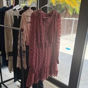 Lulu's Lace-Accented Long Sleeve Dress in Deep Rose